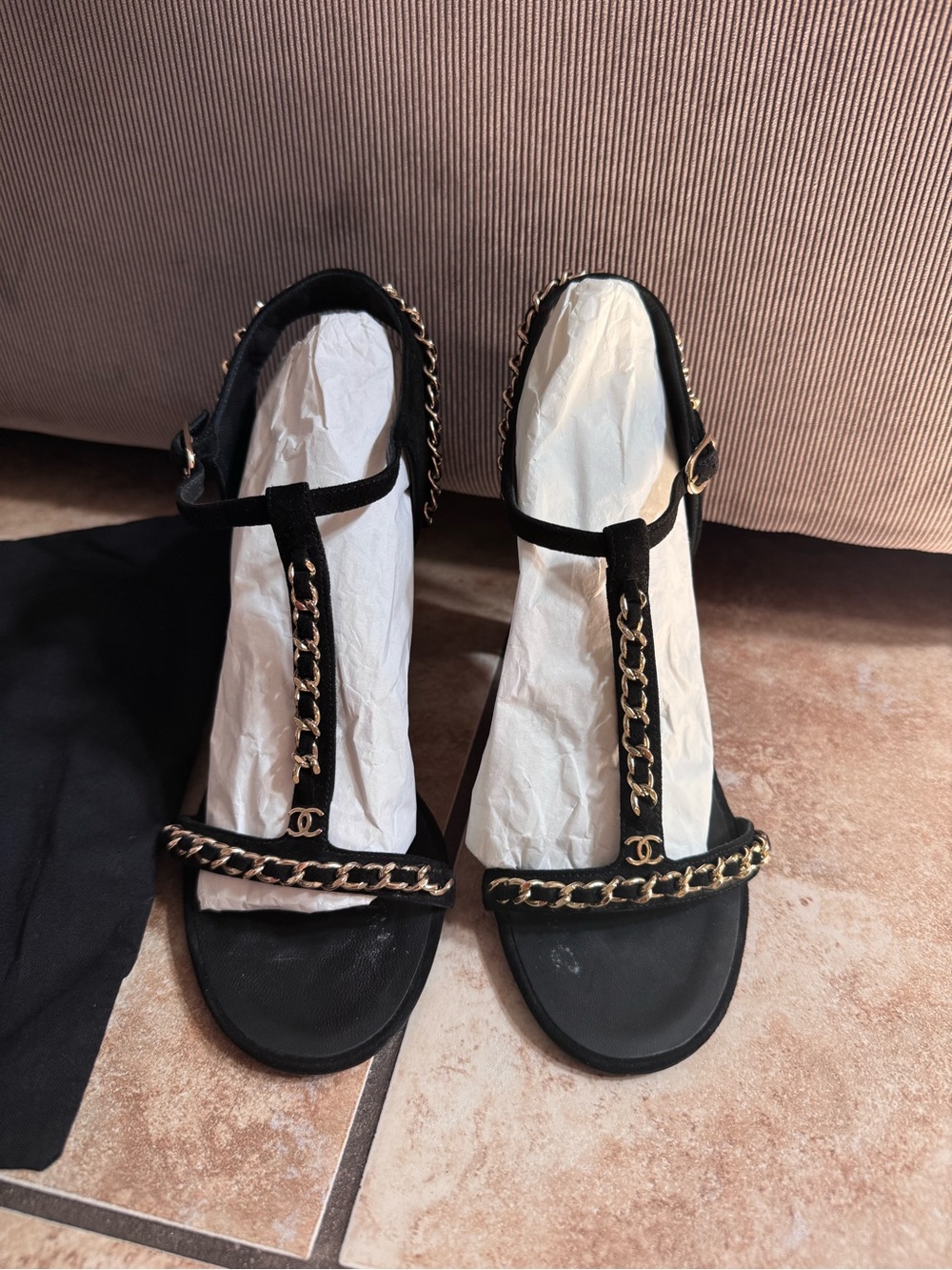 Chanel Black suede Chain Strap Sandals 39